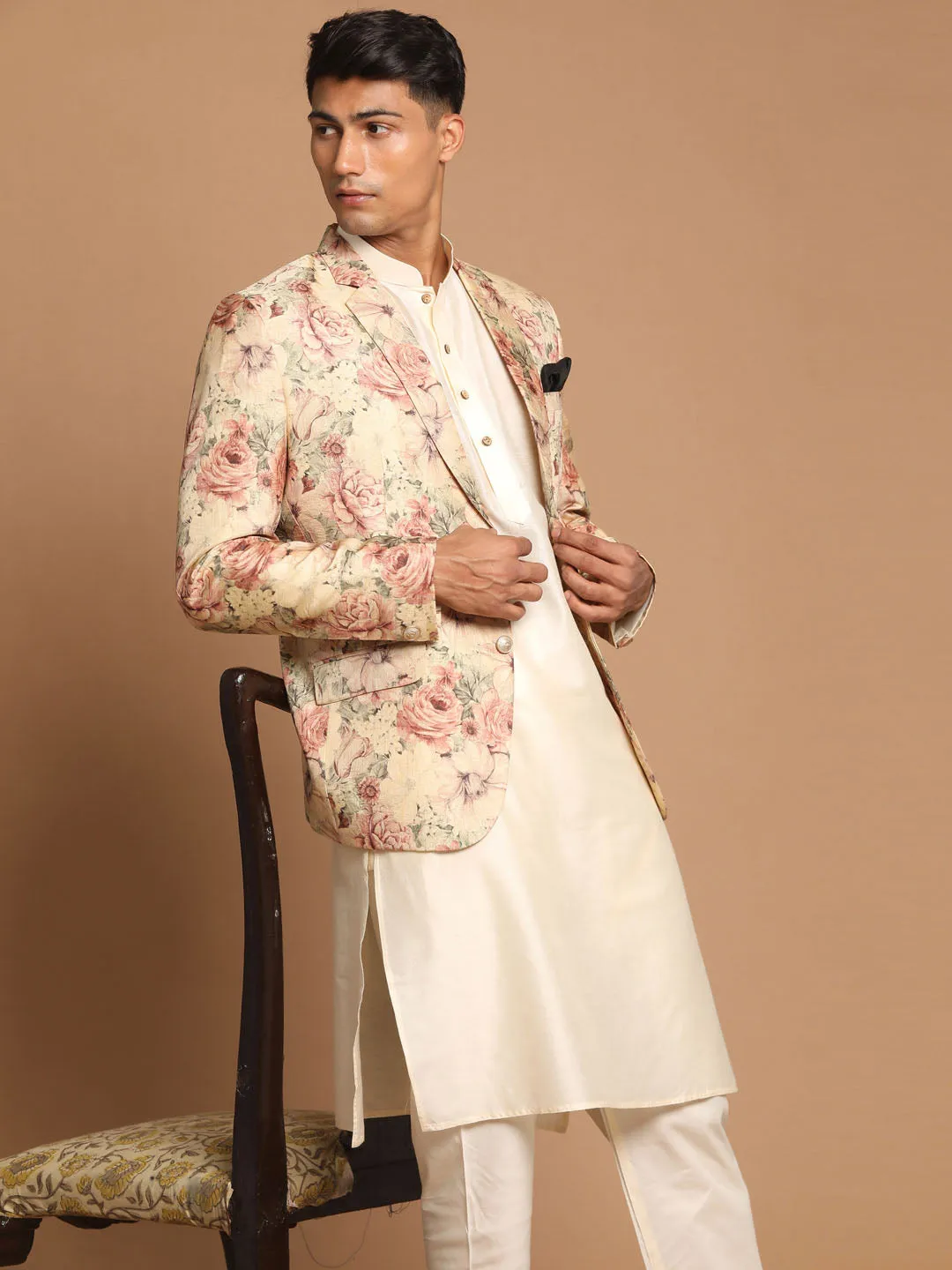 VASTRAMAY Beige Floral Blazer & Cream Kurta Set