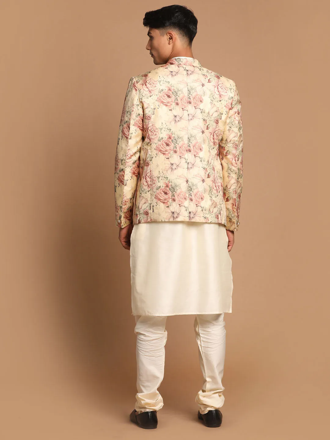 VASTRAMAY Beige Floral Blazer & Cream Kurta Set