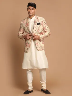 VASTRAMAY Beige Floral Blazer & Cream Kurta Set