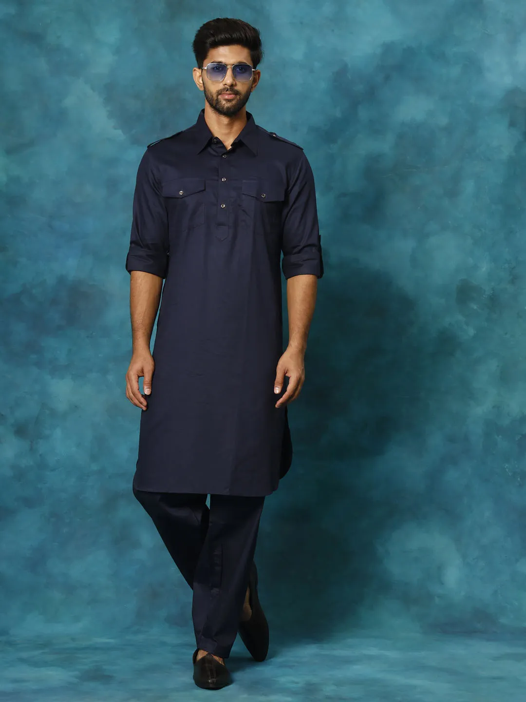 VASTRAMAY Men's Blue Cotton Pathani Suit Set