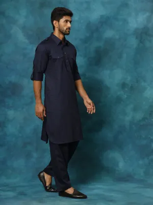 VASTRAMAY Men's Blue Cotton Pathani Suit Set