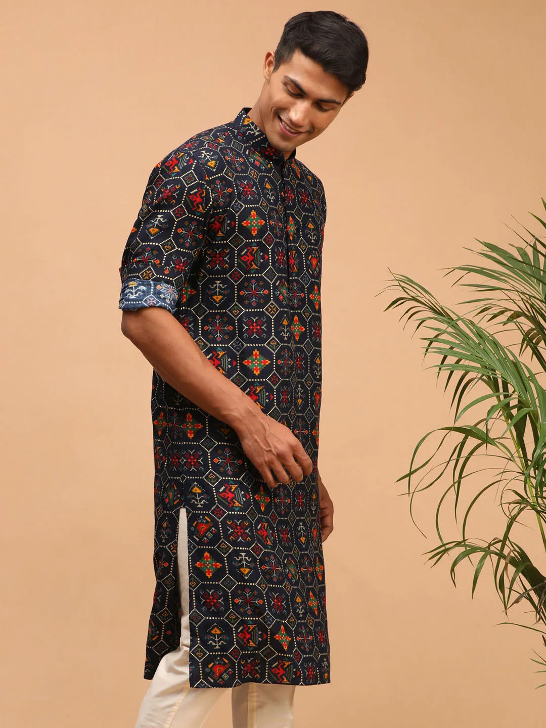 VASTRAMAY Men's Blue Printed Rayon Kurta