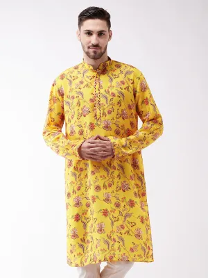 VASTRAMAY Men's Floral Printed Multicolor-Base-Yellow Muslin Blend Kurta