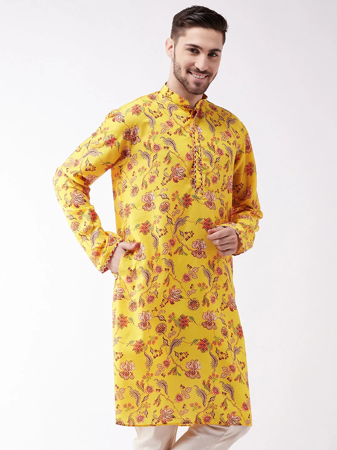 VASTRAMAY Men's Floral Printed Multicolor-Base-Yellow Muslin Blend Kurta