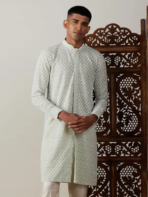 VASTRAMAY Men's Green Chikankari Front Open Kurta