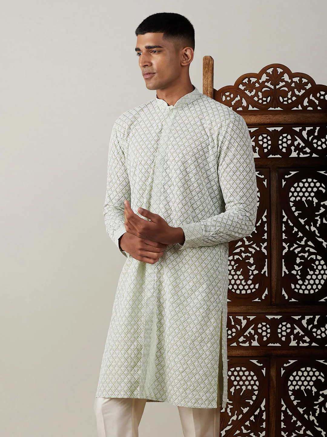 VASTRAMAY Men's Green Chikankari Front Open Kurta