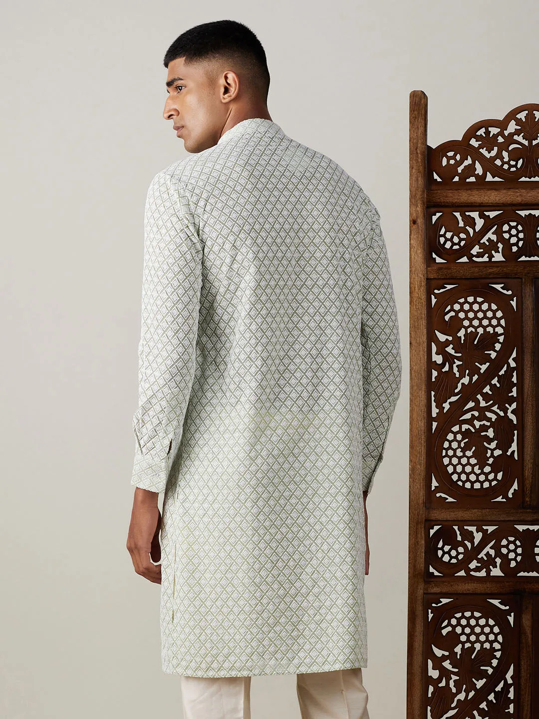 VASTRAMAY Men's Green Chikankari Front Open Kurta