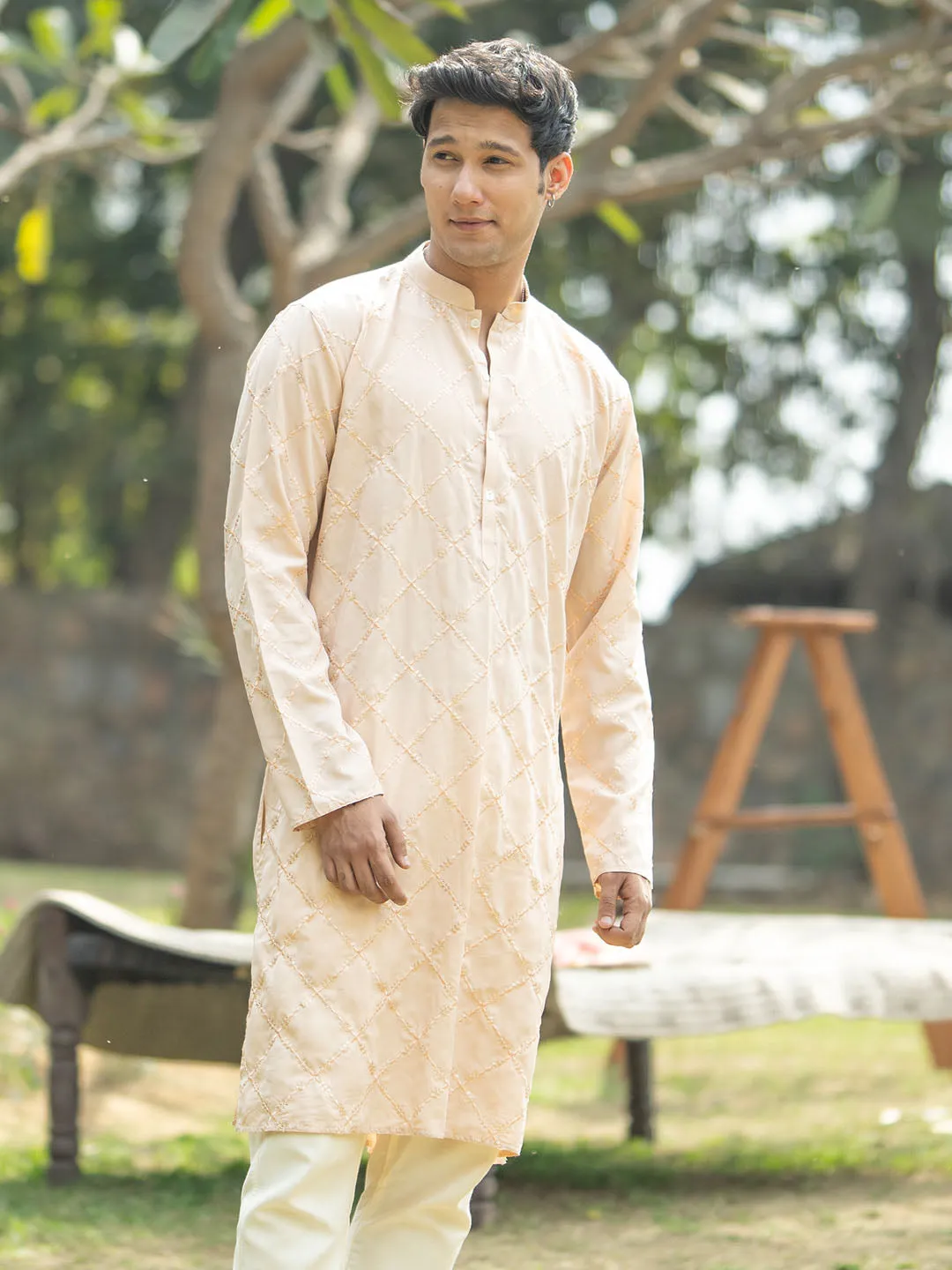 VASTRAMAY Men's Peach Viscose Kurta