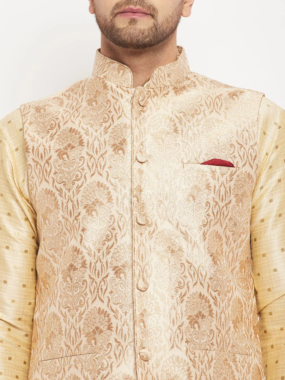 VASTRAMAY Men's Rose Gold Jacquard Nehru Jacket