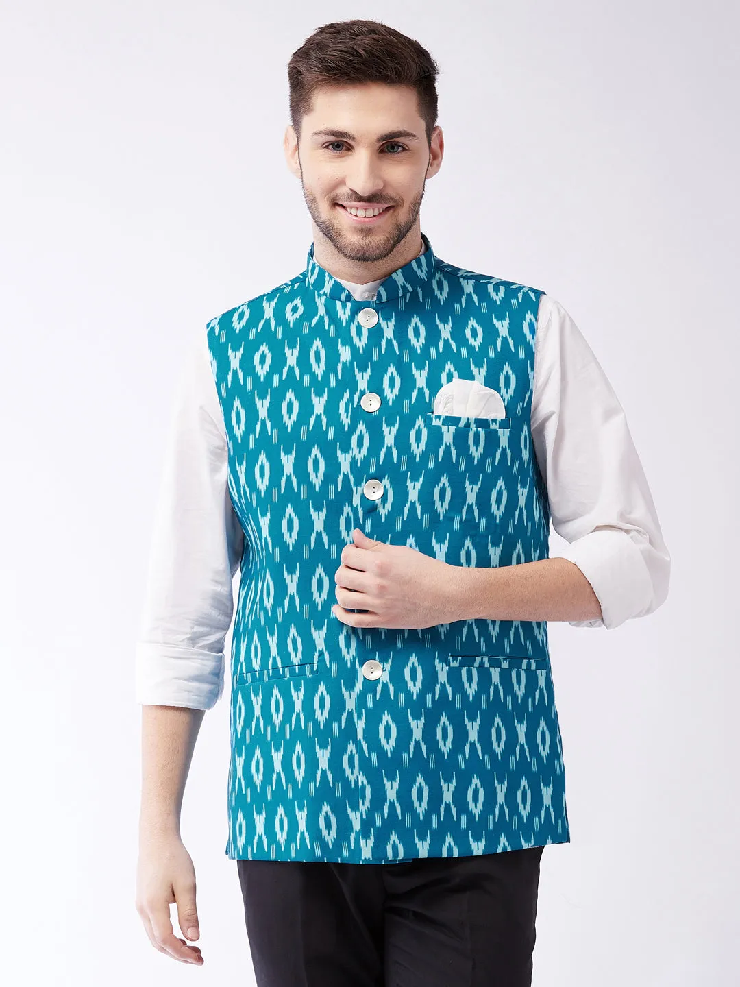 VASTRAMAY Men's Turquoise Cotton Nehru Jacket