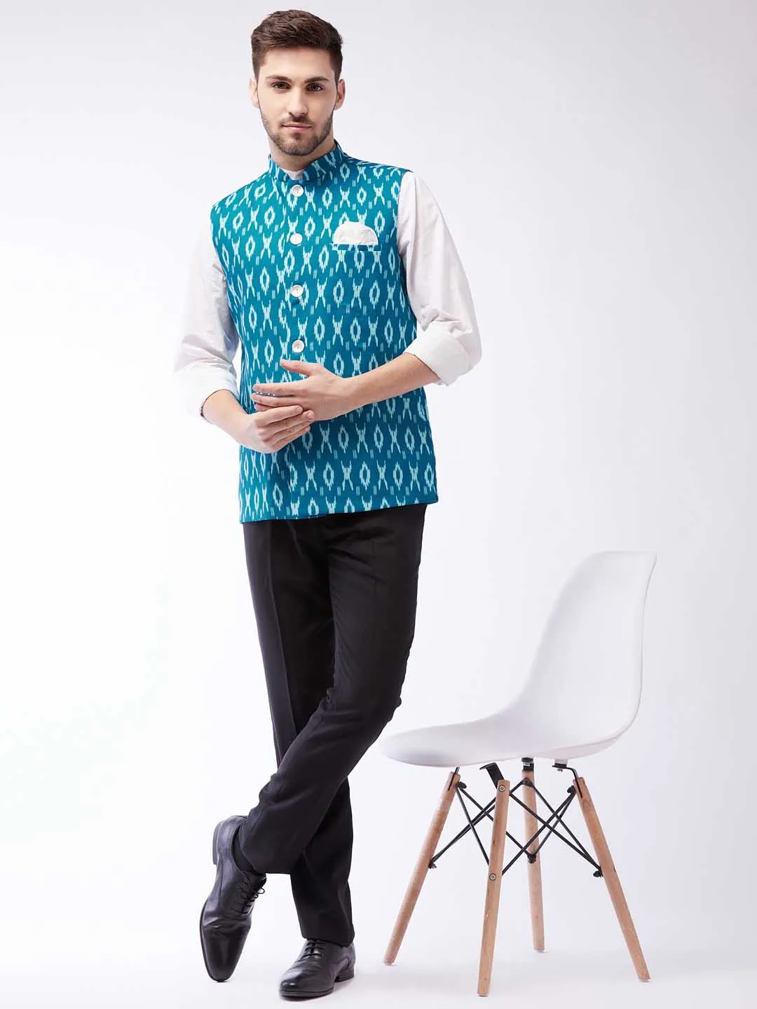 VASTRAMAY Men's Turquoise Cotton Nehru Jacket