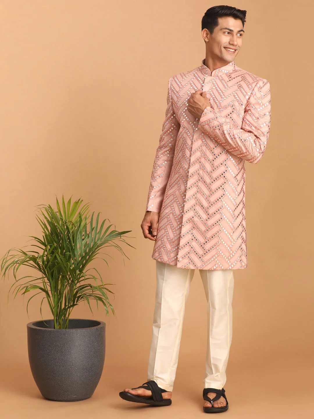 Vastramay Pink Mirror Sherwani Set