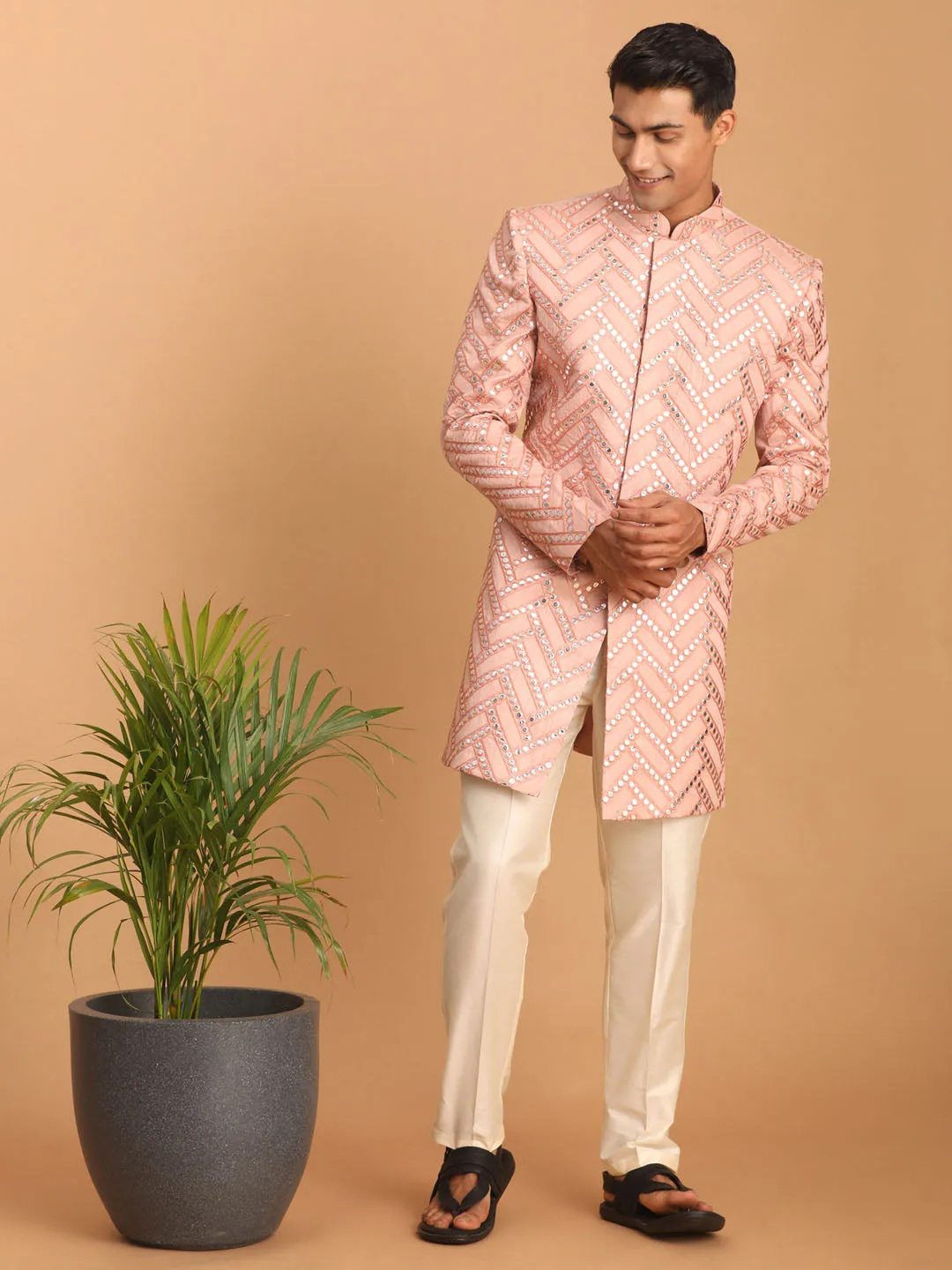 Vastramay Pink Mirror Sherwani Set