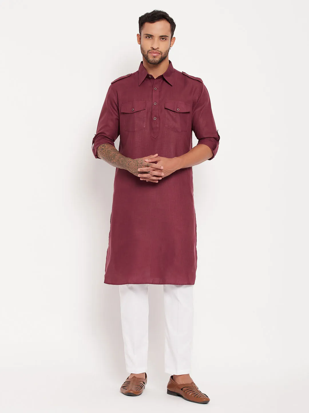 VASTRAMAY Purple Pathani Suit With White Pant