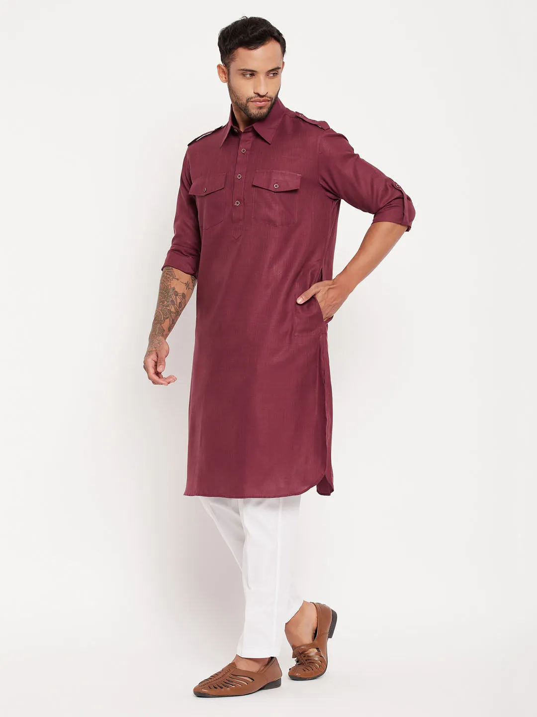 VASTRAMAY Purple Pathani Suit With White Pant