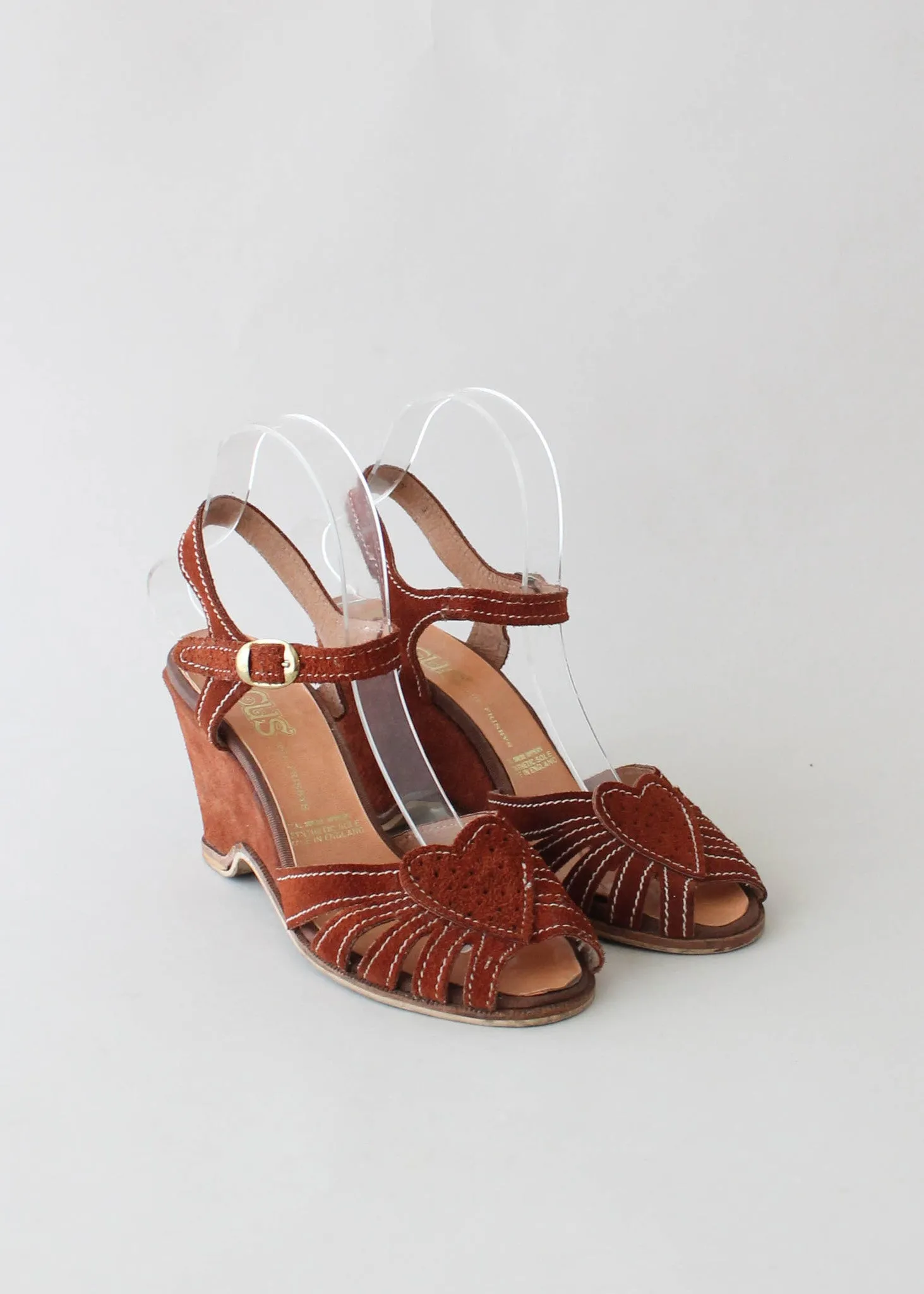 Vintage 1970s Suede Heart Wedge Sandals