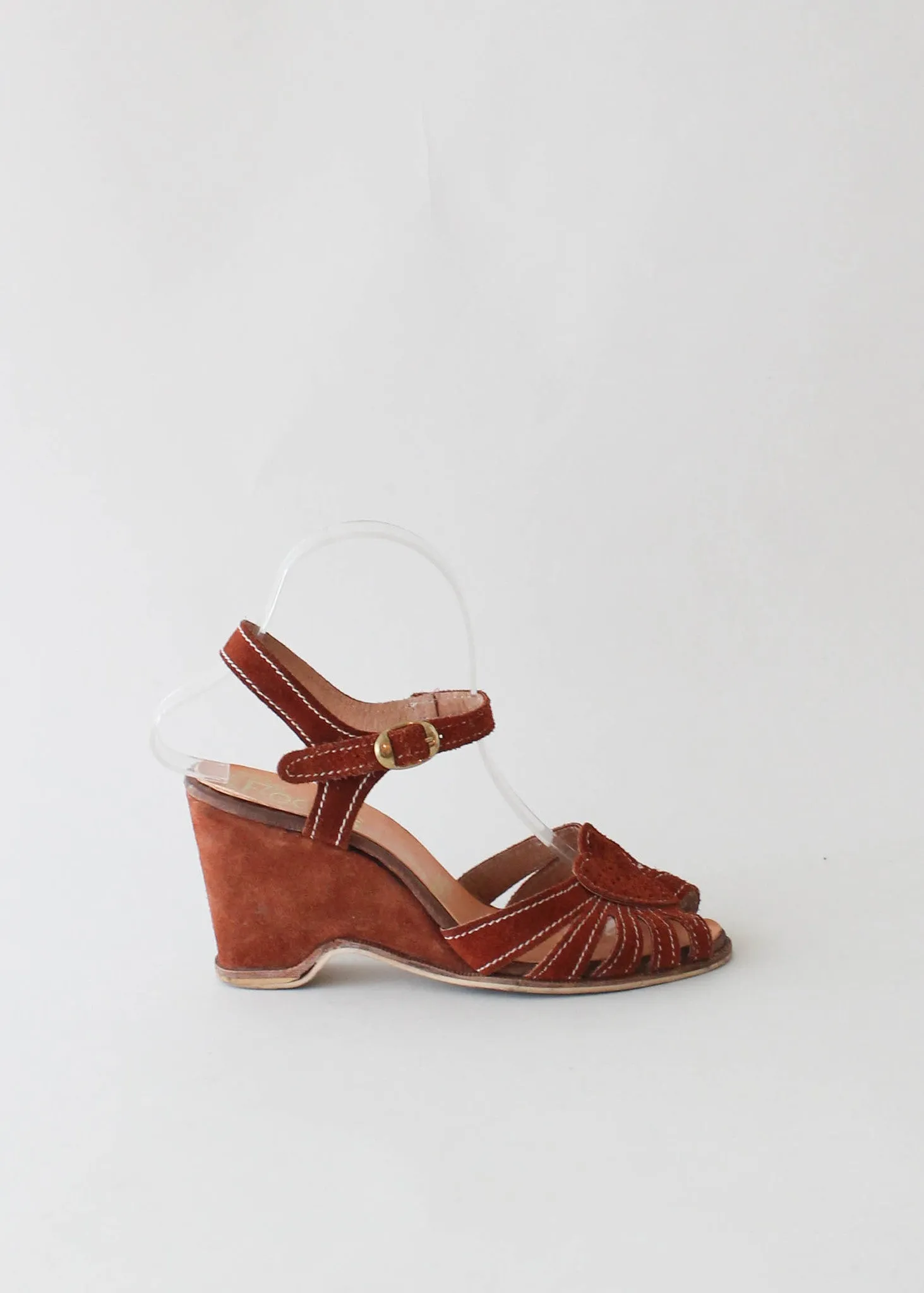 Vintage 1970s Suede Heart Wedge Sandals