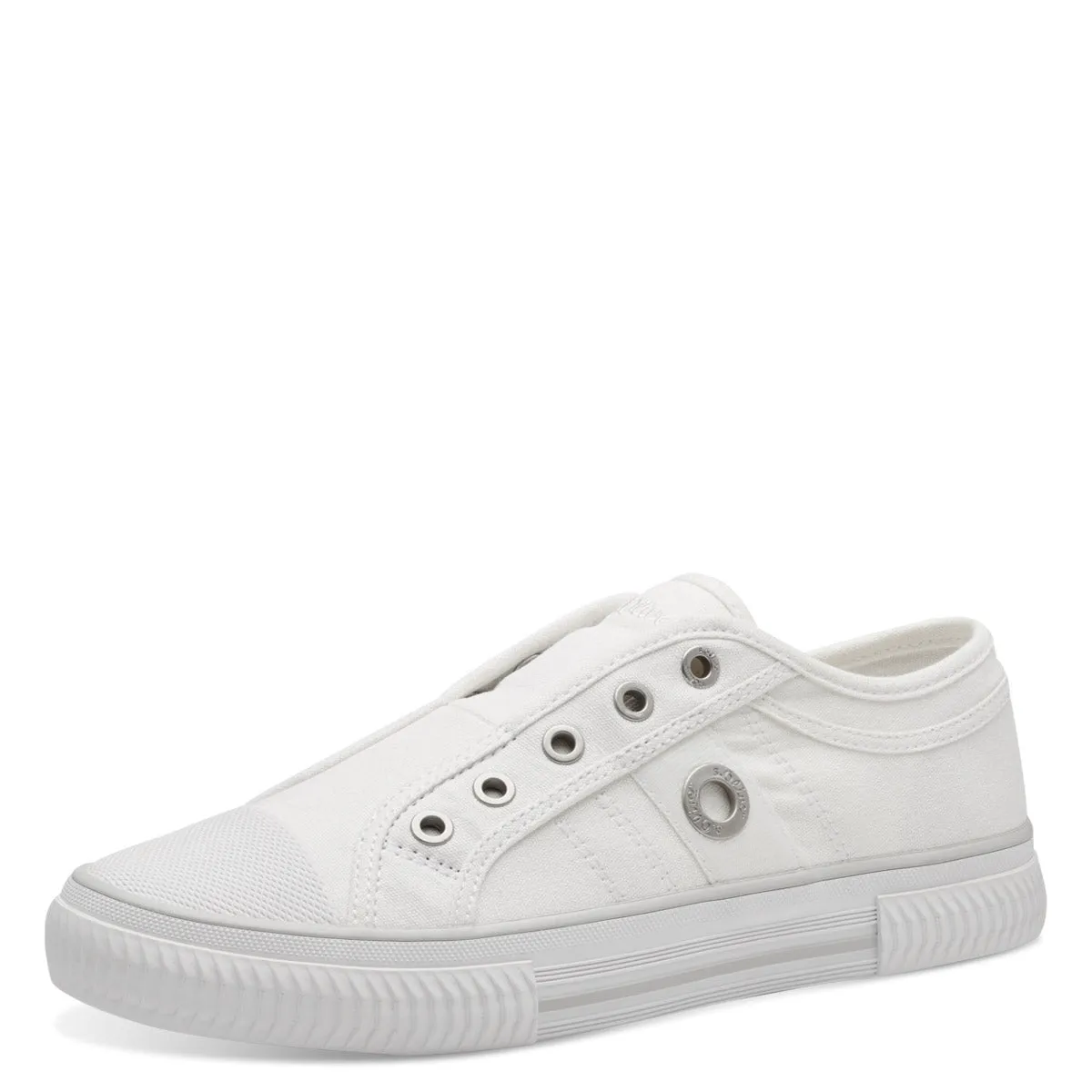 White Canvas Flat Runner Shoes with Elastic Strap and Soft Foam Insole