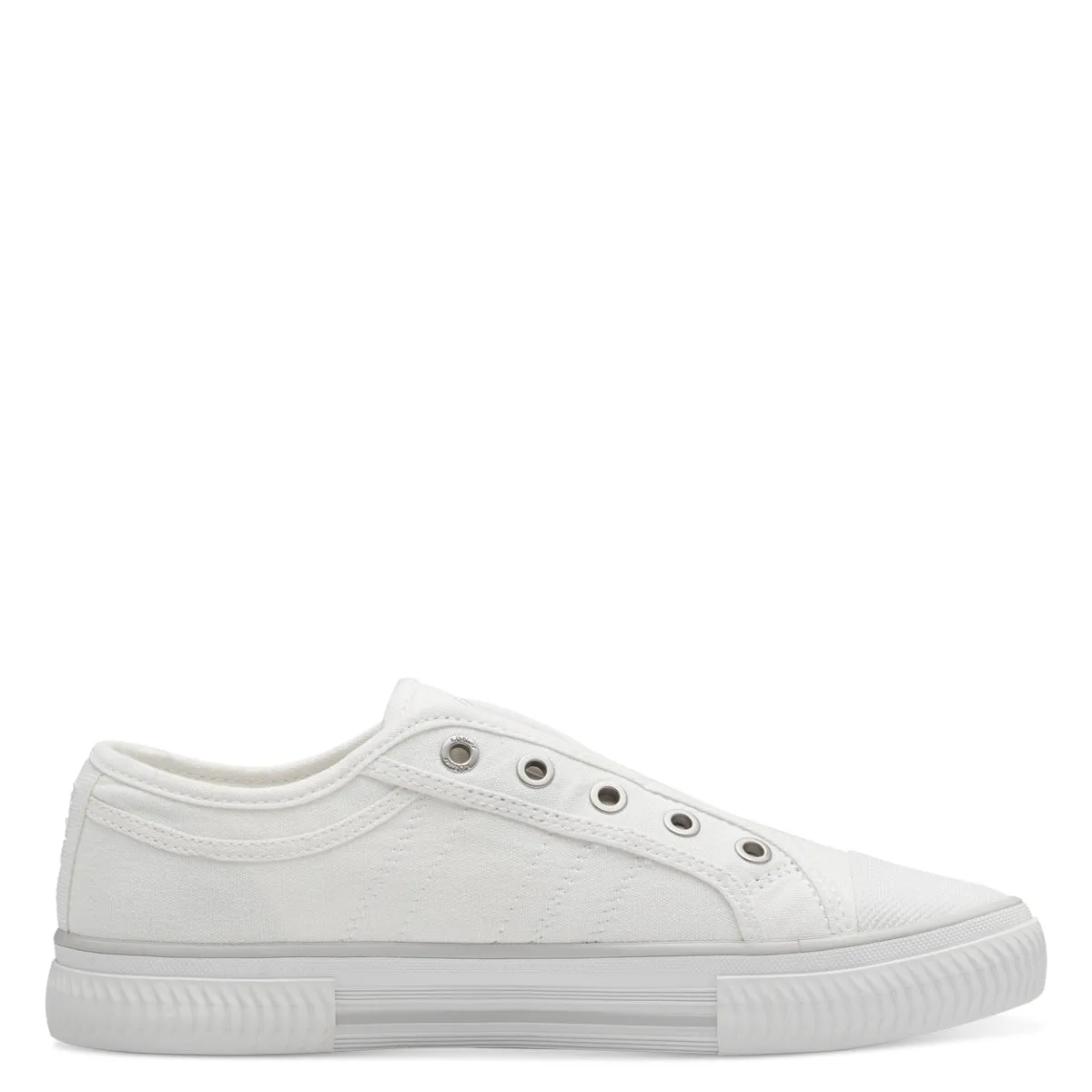 White Canvas Flat Runner Shoes with Elastic Strap and Soft Foam Insole