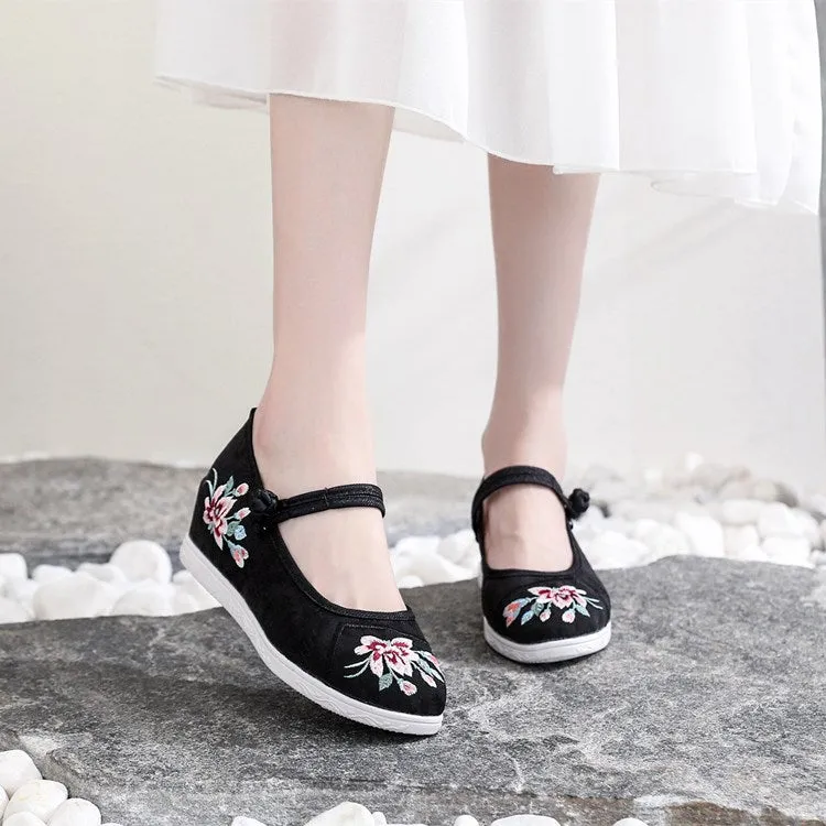 Women's Cheongsam Round Head Mesh Height Increasing Canvas Shoes