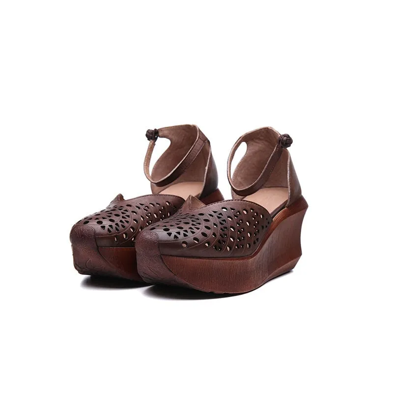 Womens Handmade Retro Leather Cut out Platforms Sandals in Brown/Coffee