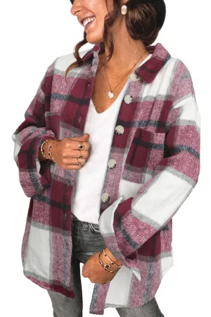 Womens Long Sleeve Plaid Shirts Flannel Lapel Button Down Shacket Jacket Coats