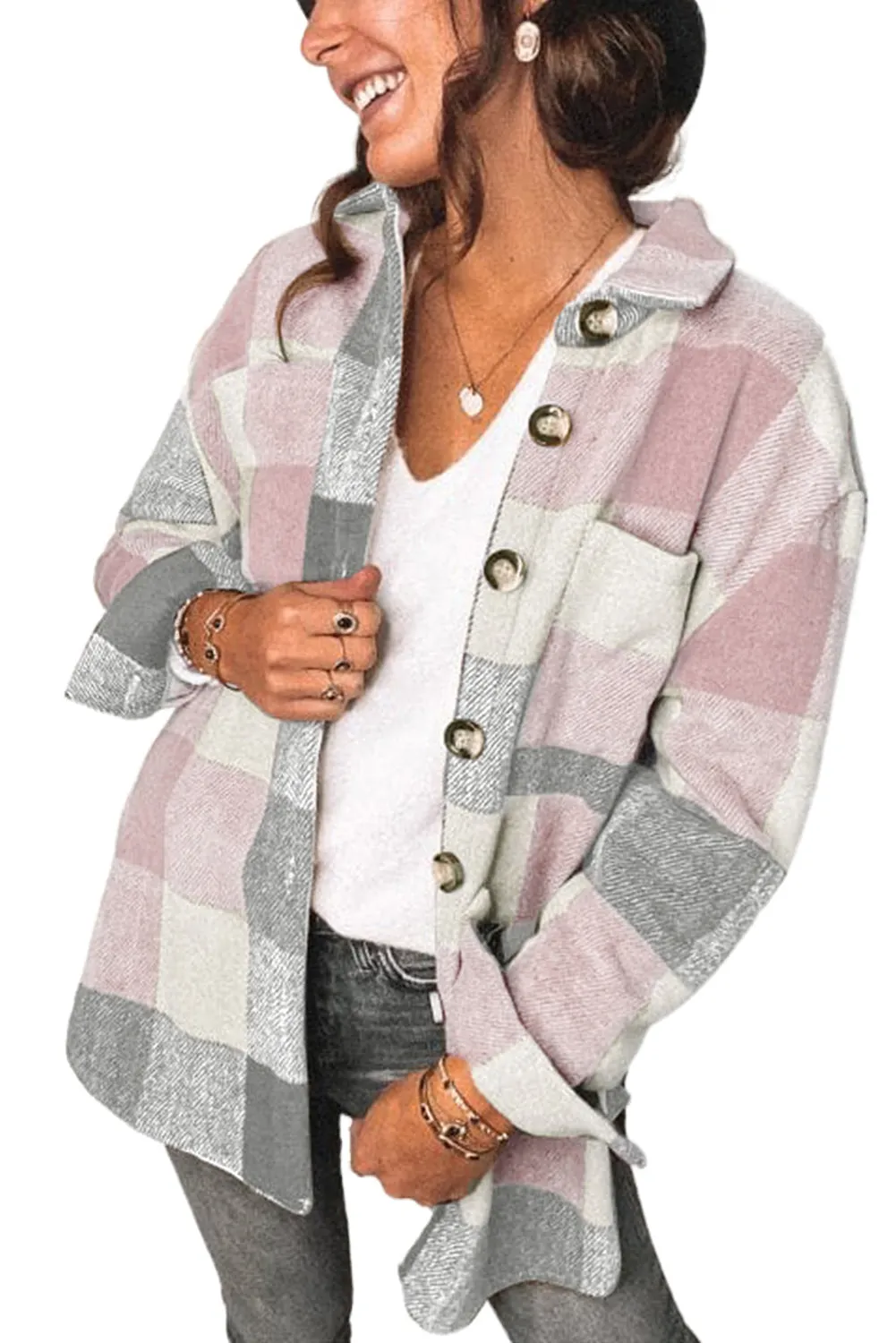 Womens Long Sleeve Plaid Shirts Flannel Lapel Button Down Shacket Jacket Coats