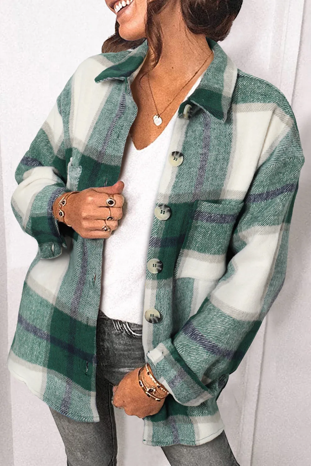 Womens Long Sleeve Plaid Shirts Flannel Lapel Button Down Shacket Jacket Coats