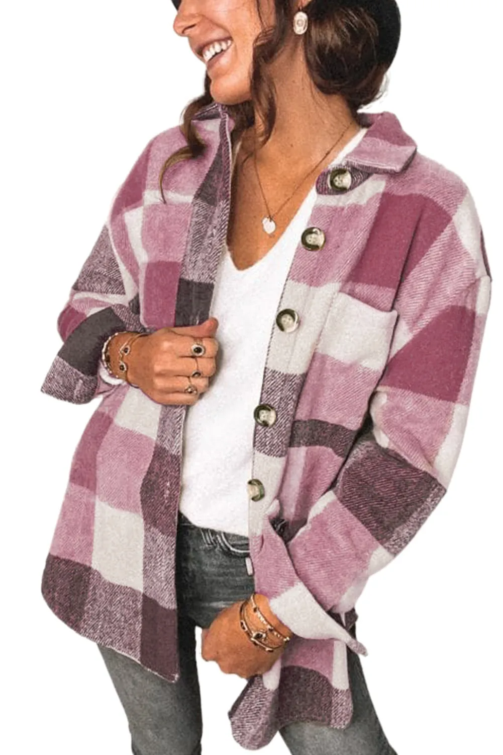 Womens Long Sleeve Plaid Shirts Flannel Lapel Button Down Shacket Jacket Coats