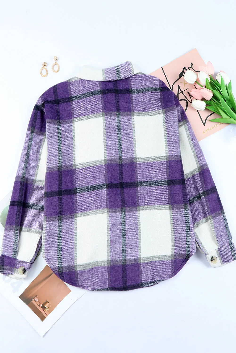 Womens Long Sleeve Plaid Shirts Flannel Lapel Button Down Shacket Jacket Coats