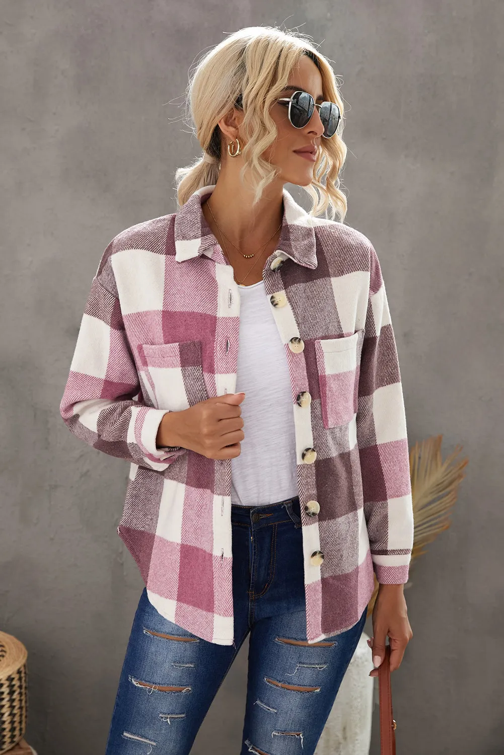 Womens Long Sleeve Plaid Shirts Flannel Lapel Button Down Shacket Jacket Coats