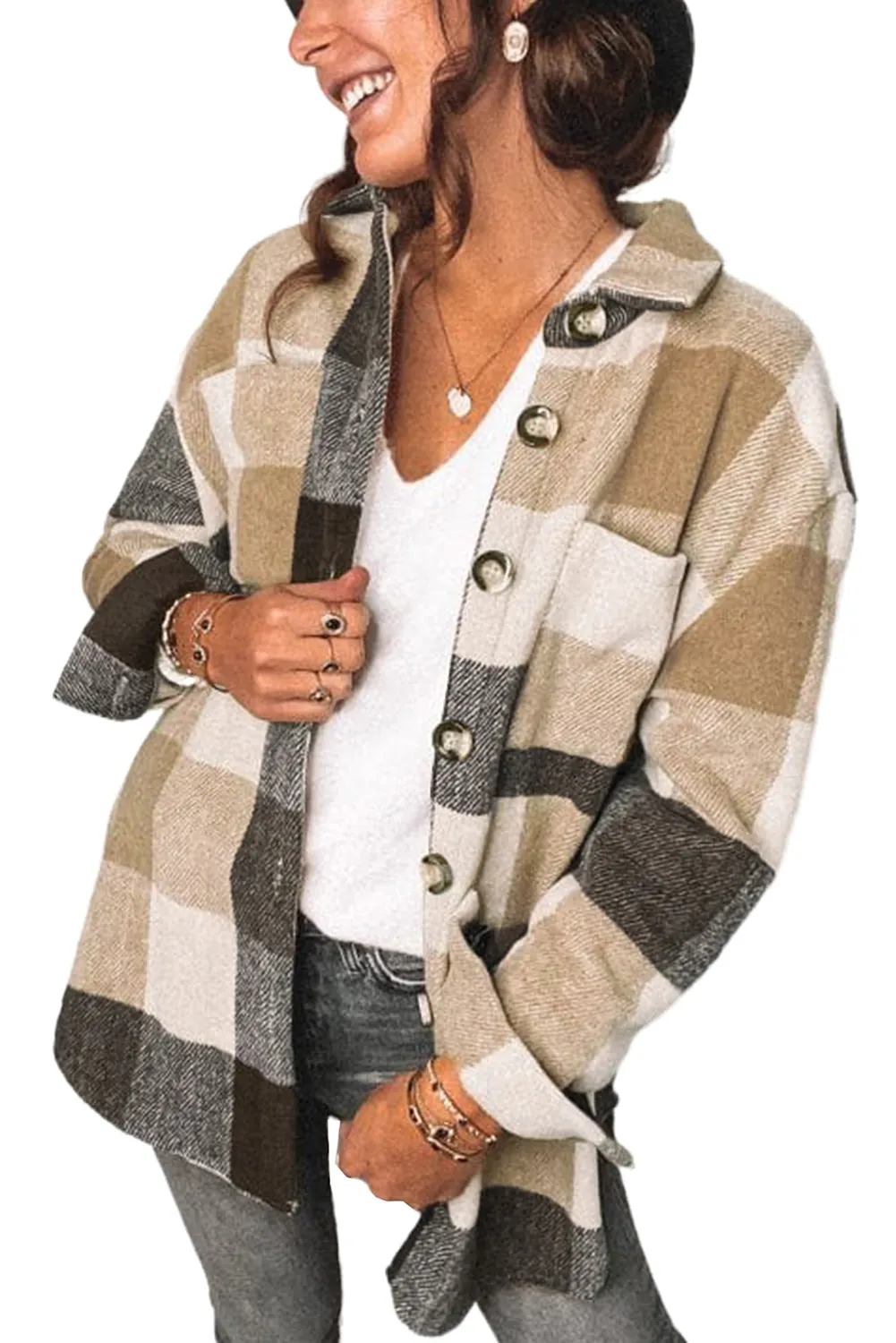 Womens Long Sleeve Plaid Shirts Flannel Lapel Button Down Shacket Jacket Coats