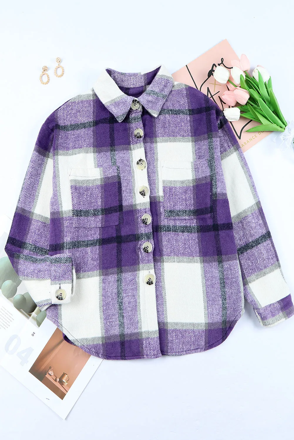 Womens Long Sleeve Plaid Shirts Flannel Lapel Button Down Shacket Jacket Coats