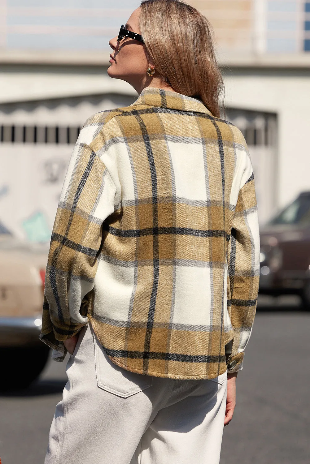 Womens Long Sleeve Plaid Shirts Flannel Lapel Button Down Shacket Jacket Coats