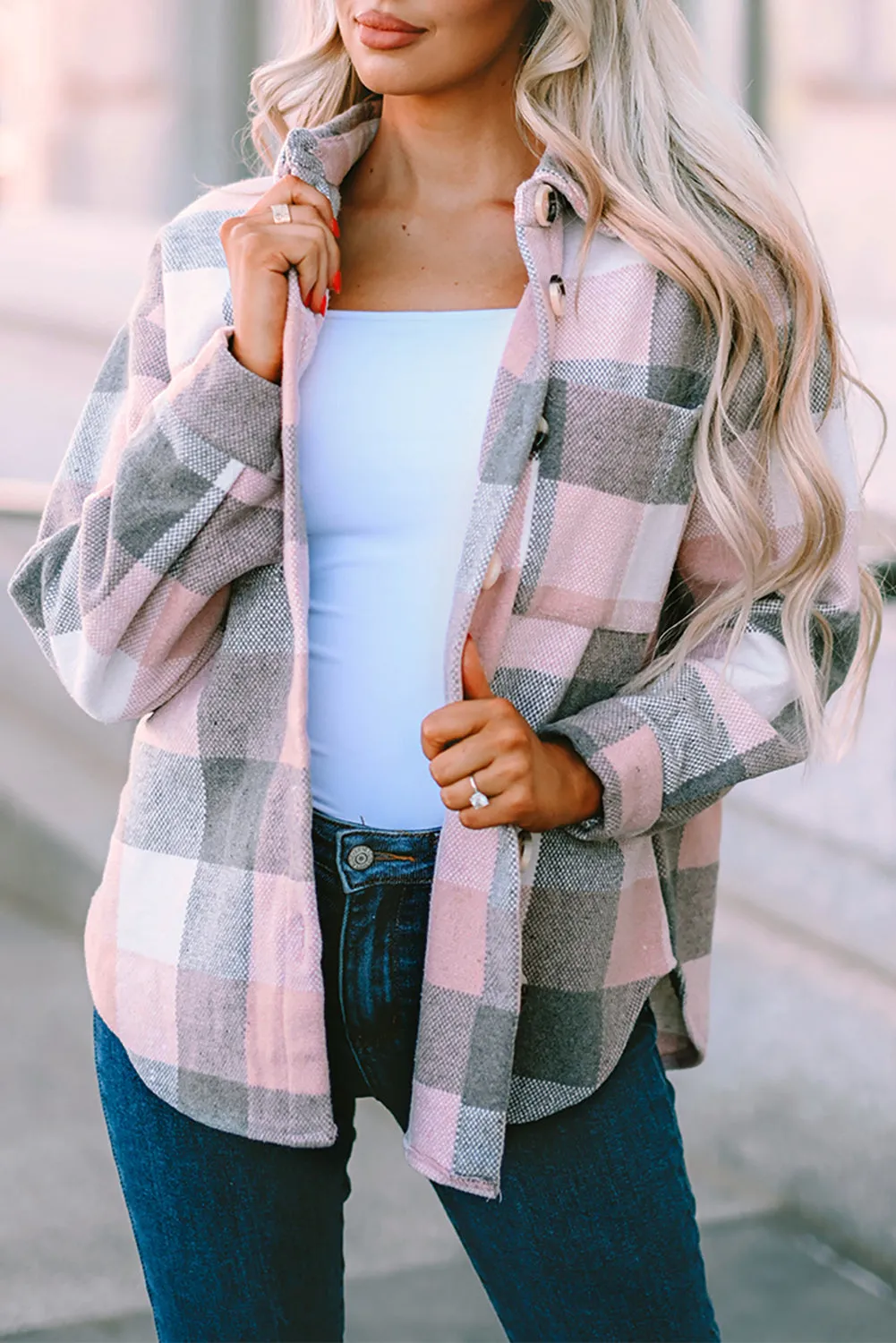 Womens Long Sleeve Plaid Shirts Flannel Lapel Button Down Shacket Jacket Coats