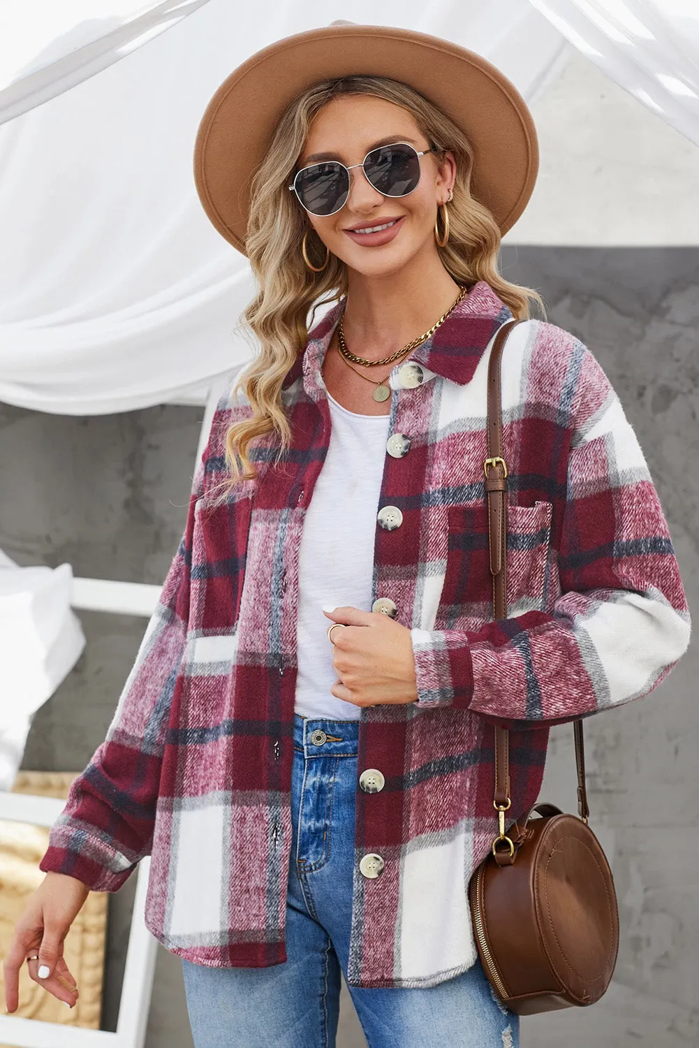 Womens Long Sleeve Plaid Shirts Flannel Lapel Button Down Shacket Jacket Coats