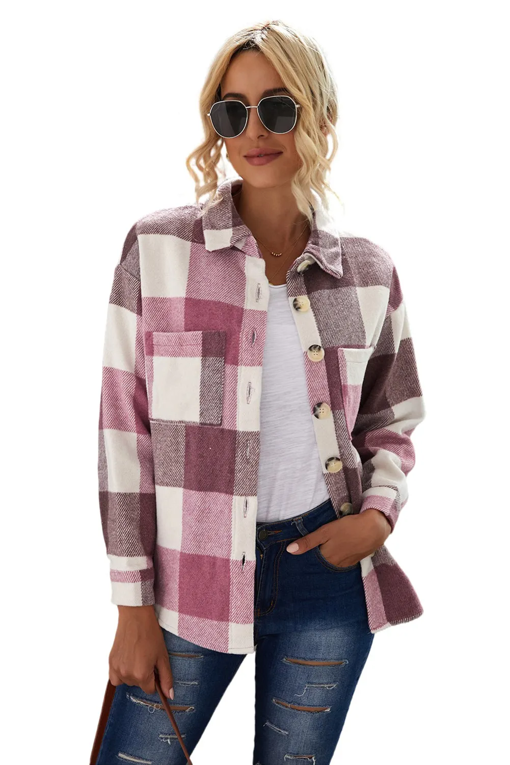 Womens Long Sleeve Plaid Shirts Flannel Lapel Button Down Shacket Jacket Coats