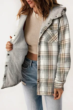 Women's Plaid Pattern Sherpa Lined Hooded Shacket