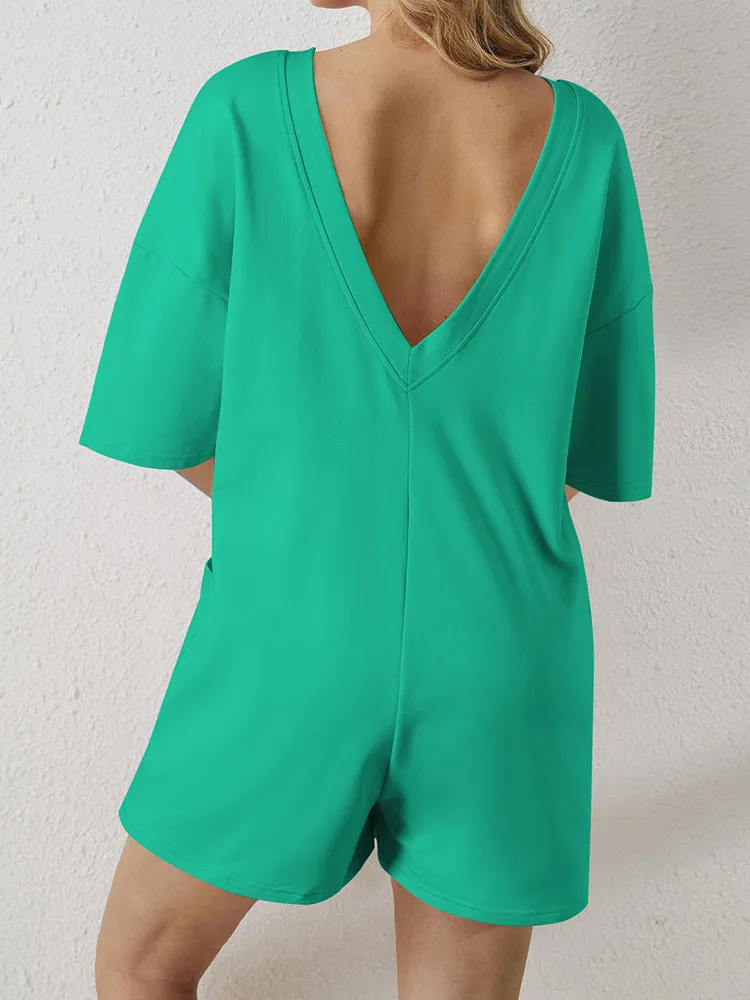 Womens Short Sleeve Rompers Backless Shorts Jumpsuit with Pockets