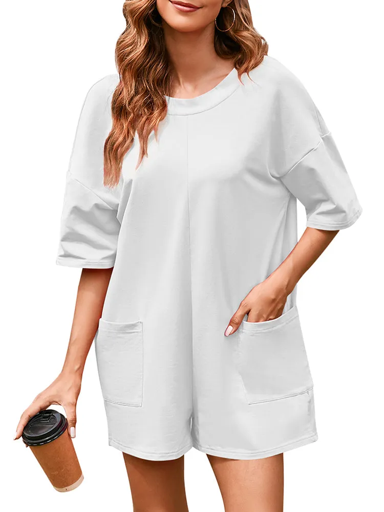 Womens Short Sleeve Rompers Backless Shorts Jumpsuit with Pockets