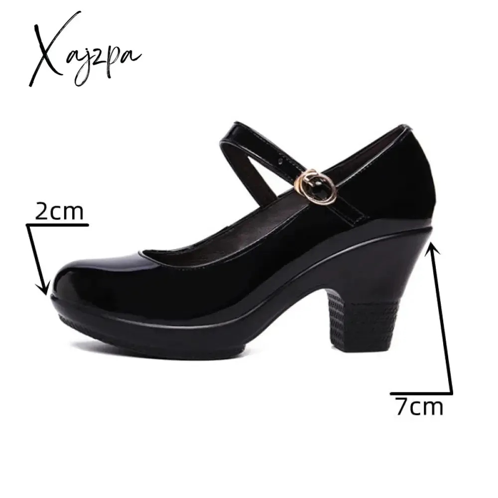 Xajzpa - Small Size 32-43 Medium Block Heel Platform Shoes Women Wedding Shoes Red White Fall Mary Jane Shoes Ladies Pumps Leather